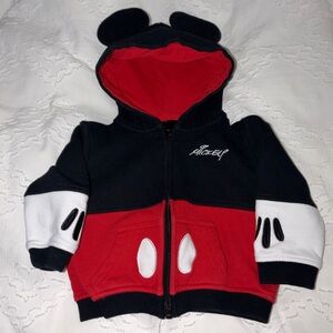 DISNEY - Mickey Mouse Baby Zip-up Hoodie - Red and Black, 12 months Mickey ears